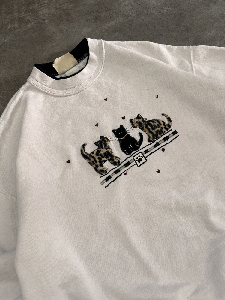 Vintage Kedi Nakışlı Sweatshirt (M)