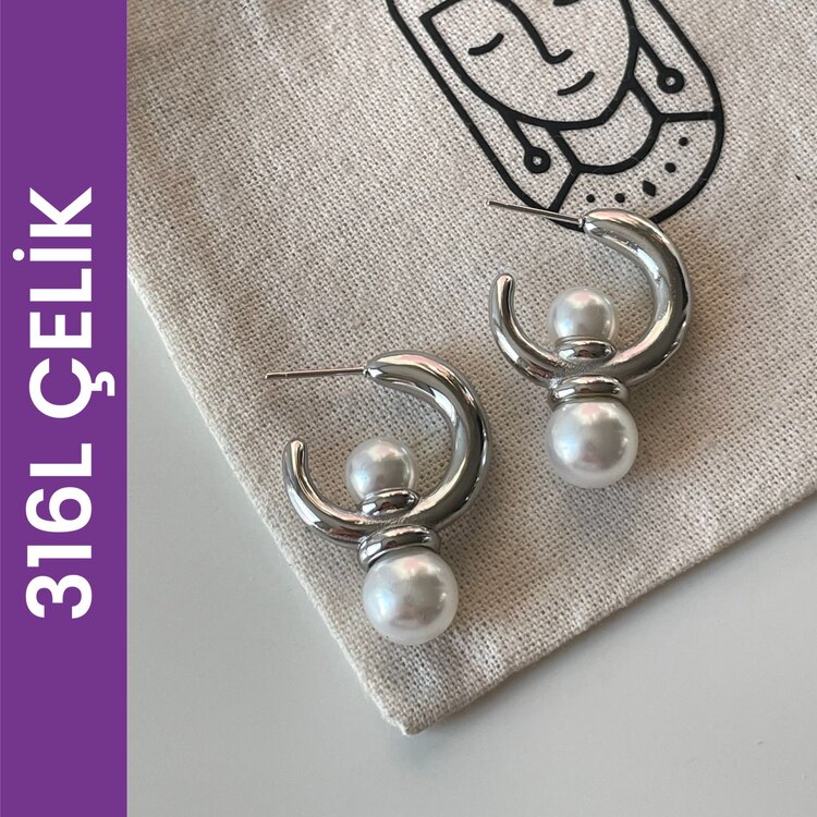Çelik incili küpe silver