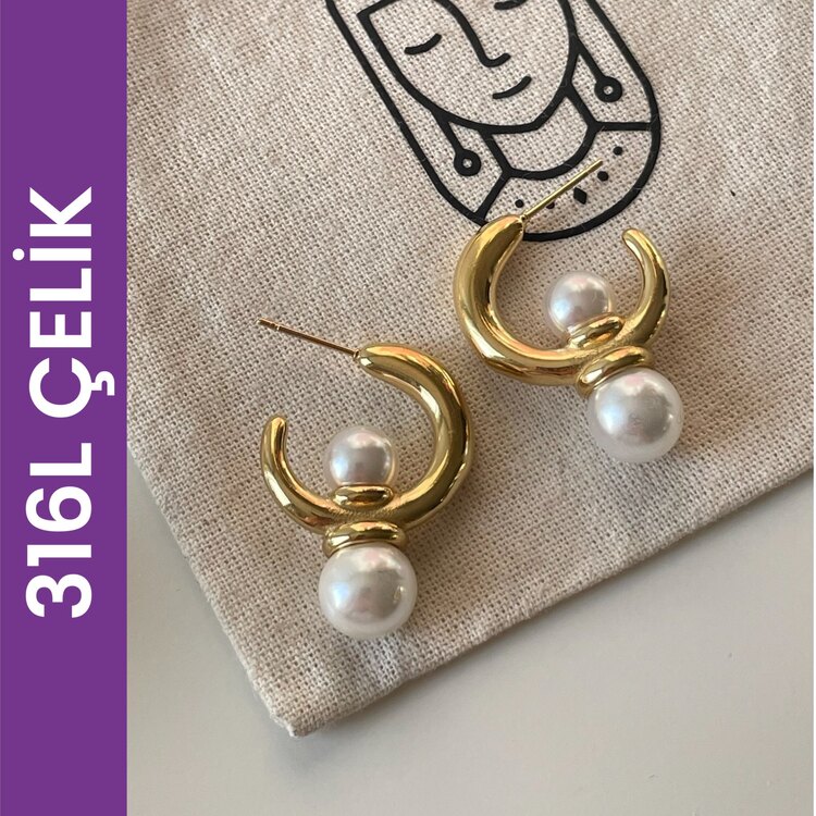 Çelik incili küpe Gold