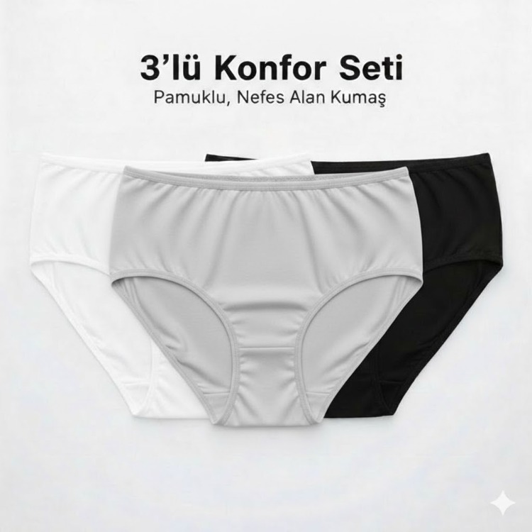 WOAN 3’lü Bayan Külot Seti Pamuklu Siyah Beyaz Gri M L XL XXL
