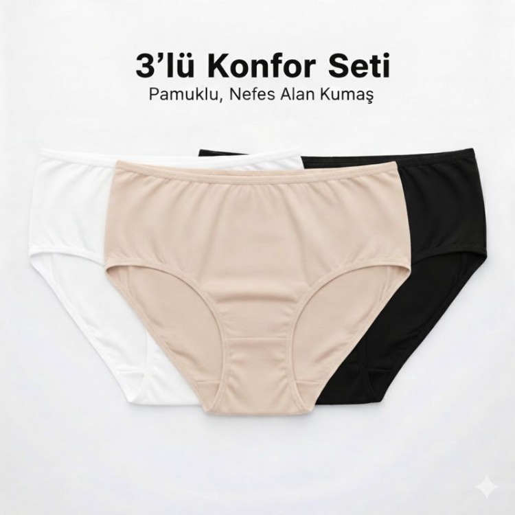 WOAN 3’lü Bayan Külot Seti Pamuklu Siyah Beyaz Ten Rengi M L XL XXL