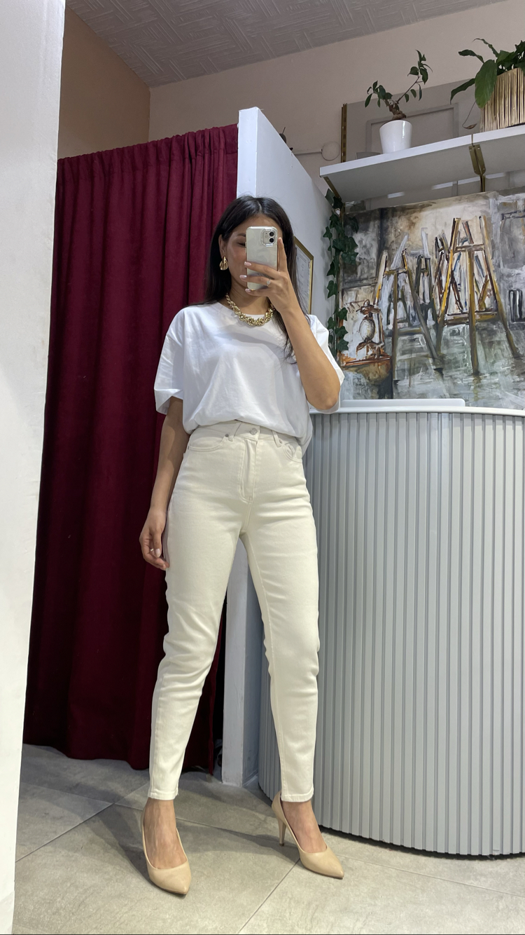 Likralı bej boyfriend jean 
