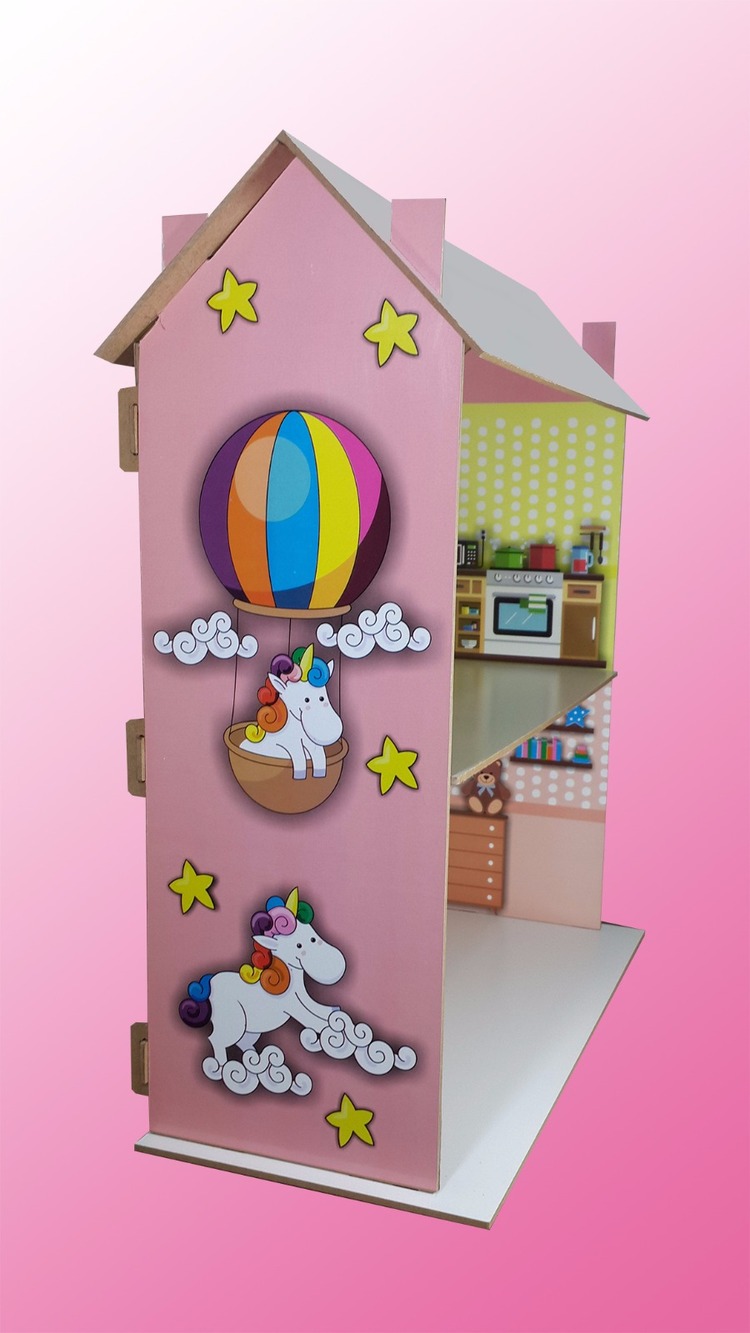 AHŞAP OYUNCAK EV İKİ KATLI UNICORN DESENLİ