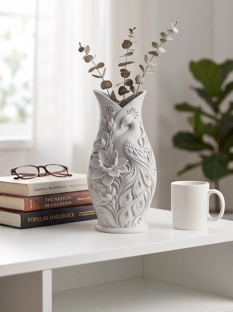 Peacock Floral Dekoratif Vazo - Tavus Kuşu Desenli Modern Ev Aksesuarı