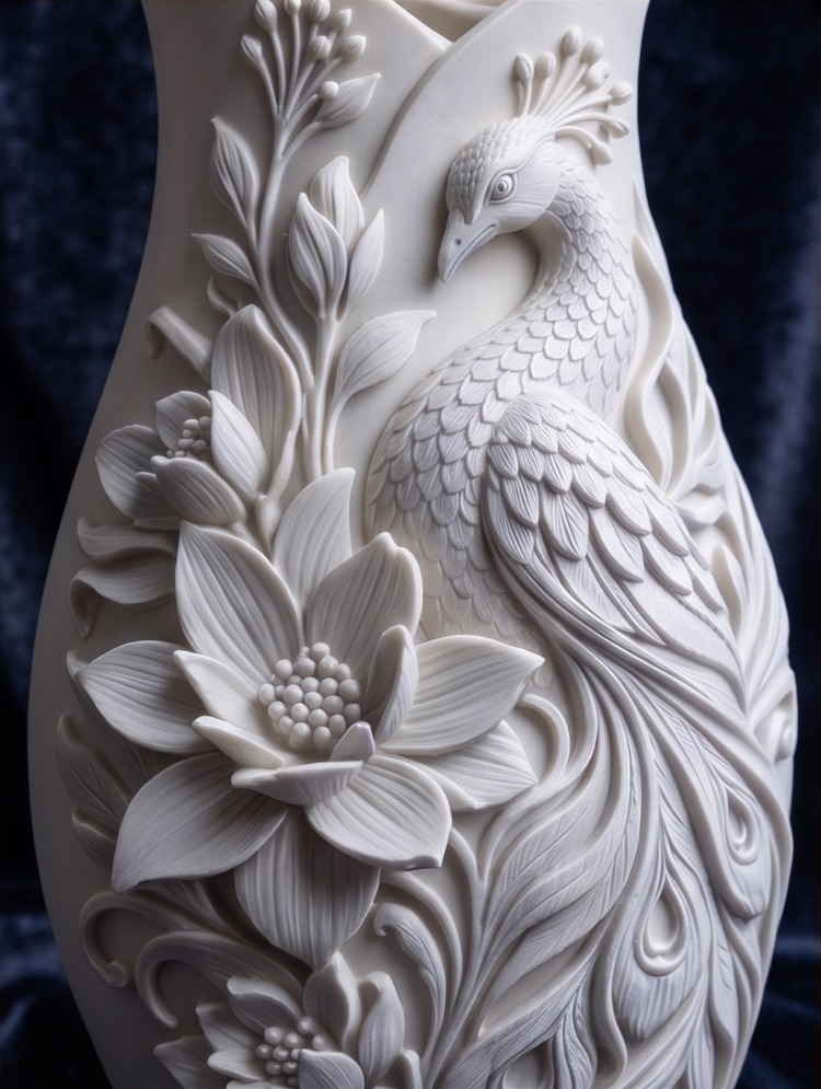 Peacock Floral Dekoratif Vazo - Tavus Kuşu Desenli Modern Ev Aksesuarı