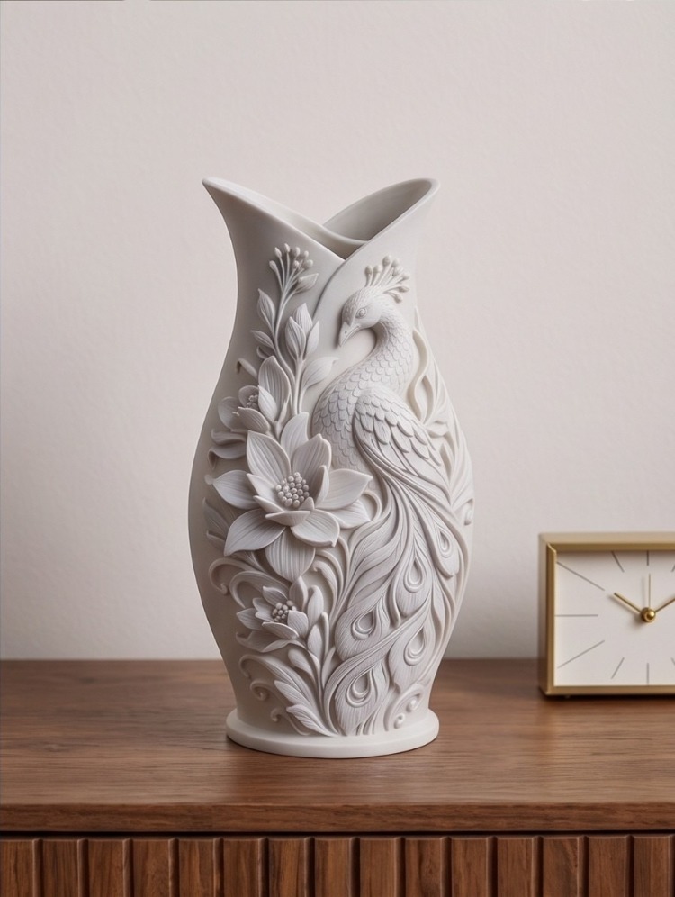 Peacock Floral Dekoratif Vazo - Tavus Kuşu Desenli Modern Ev Aksesuarı