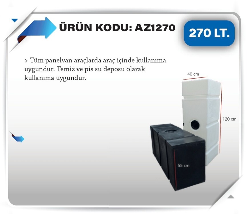 270 litre. tum panelvan ve karavanlar icin uygundur