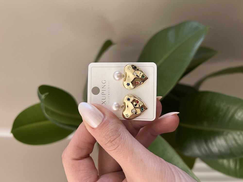 14k İncili Taş Detahlı Kalp Küpe✨