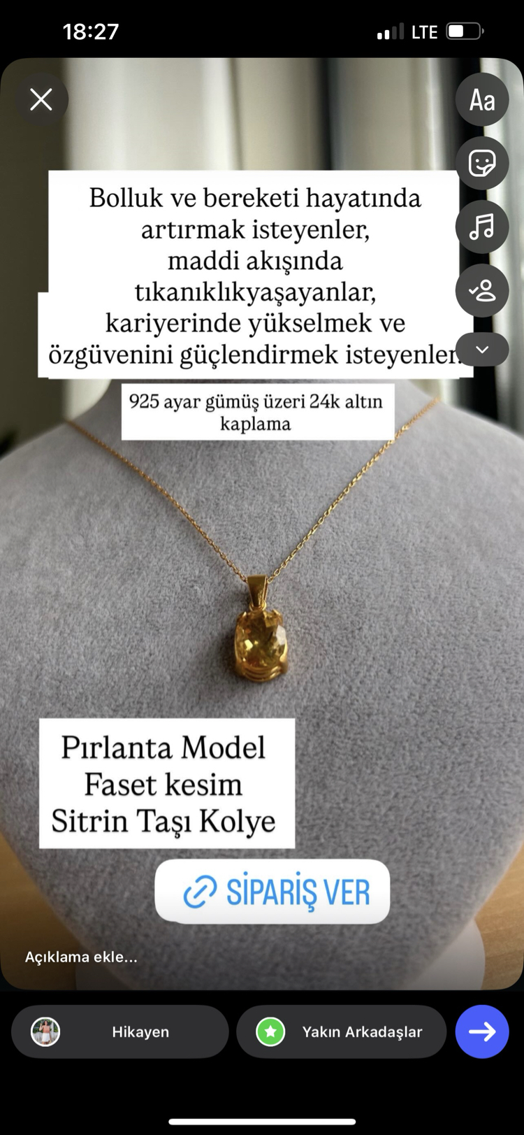 Pırlanta Model Sitrin Taşı Kolye 