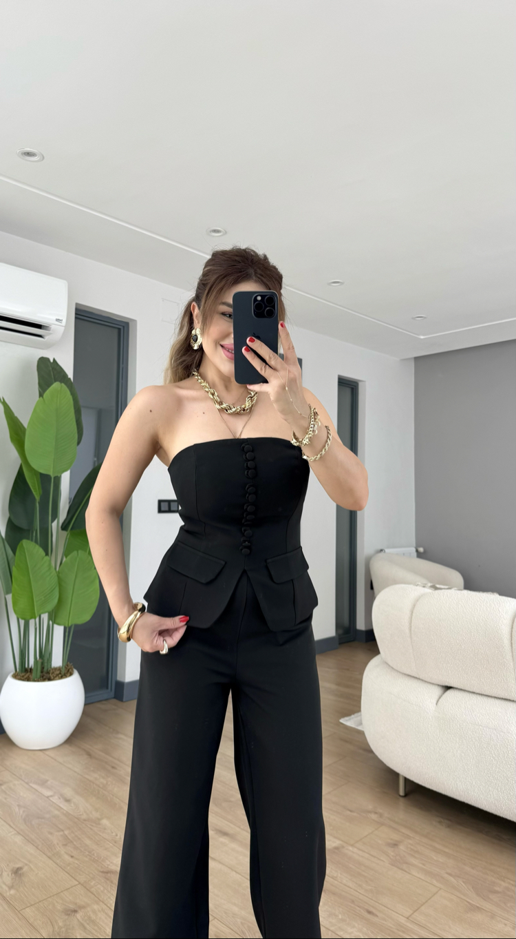 Önden düğmeli straplez takım