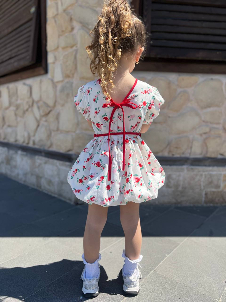 Poplin Kumaş Çiçekli Balon Elbise