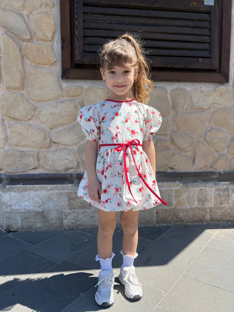 Poplin Kumaş Çiçekli Balon Elbise