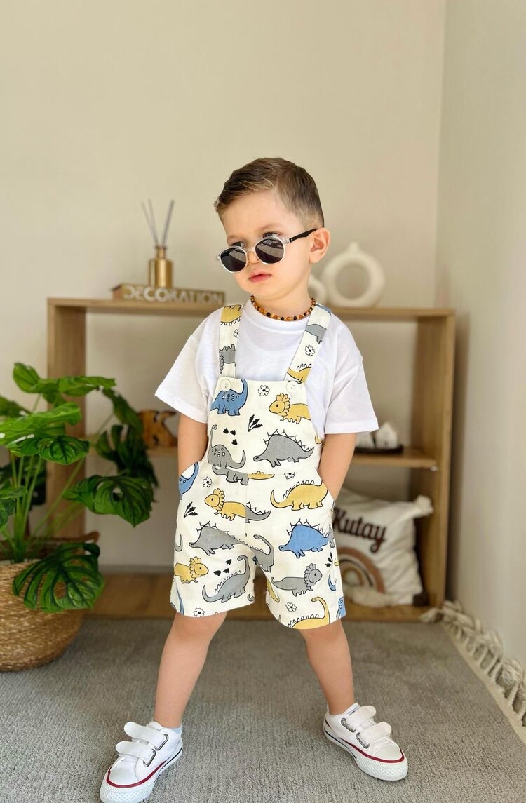 Yeni Sezon Beyaz Tişört Dinozor Salopet