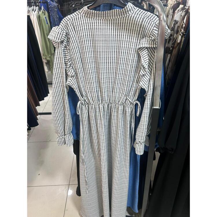 Moda Şık Çizgili Uzun Elbise - 38-44 Bedenler