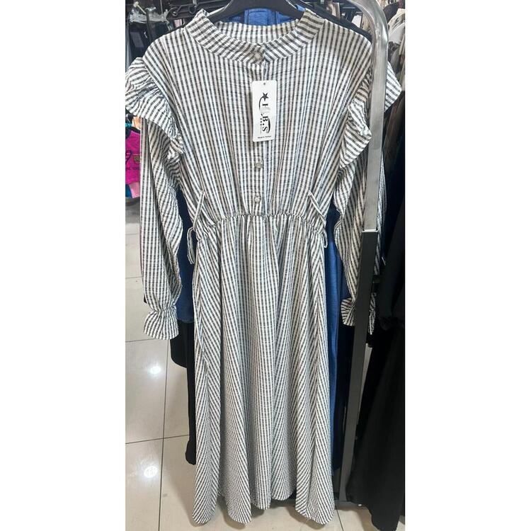 Moda Şık Çizgili Uzun Elbise - 38-44 Bedenler