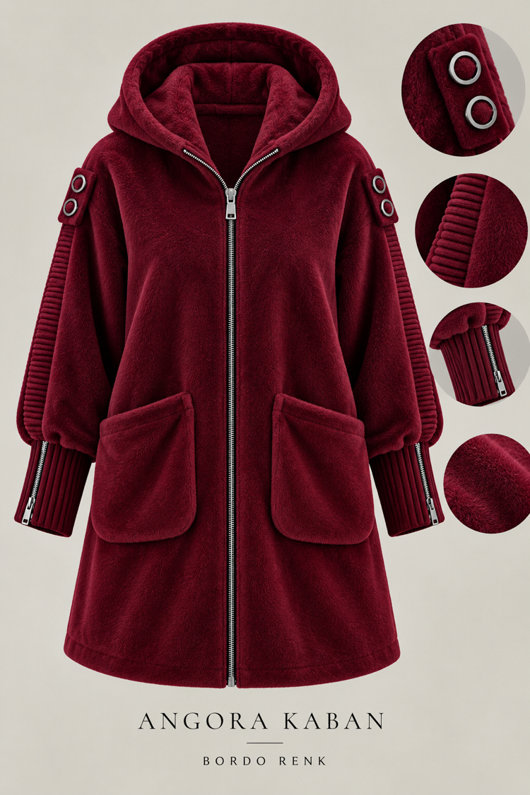 Fermuarlı Angora Kaban Bordo Renk