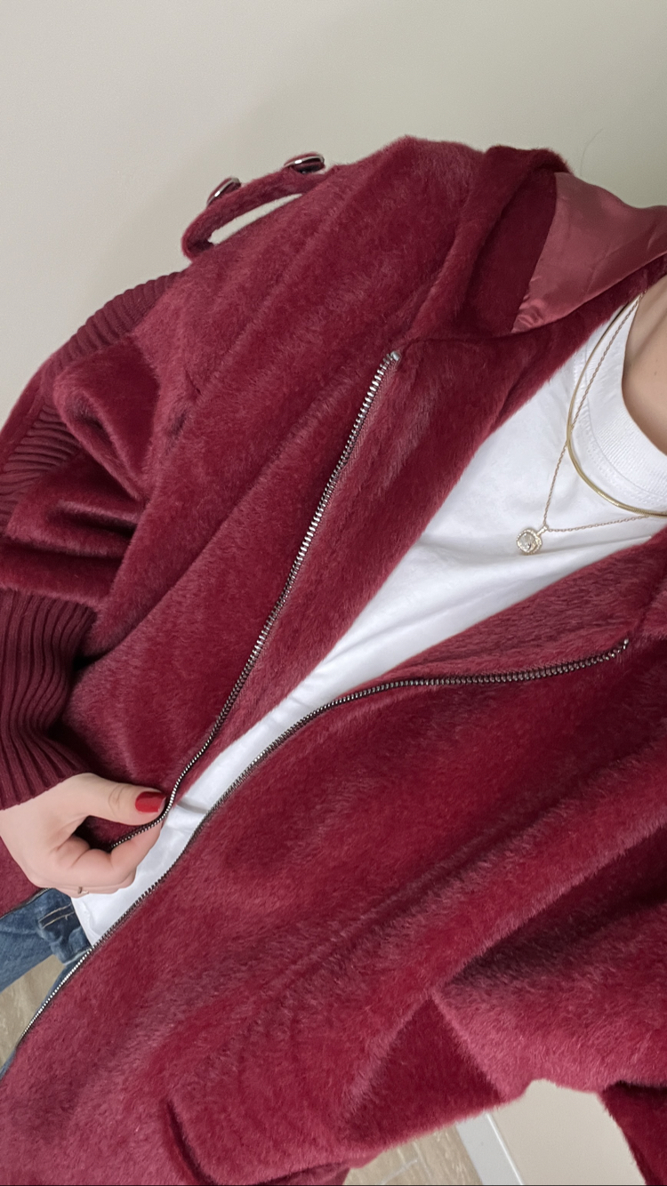 Fermuarlı Angora Kaban Bordo Renk