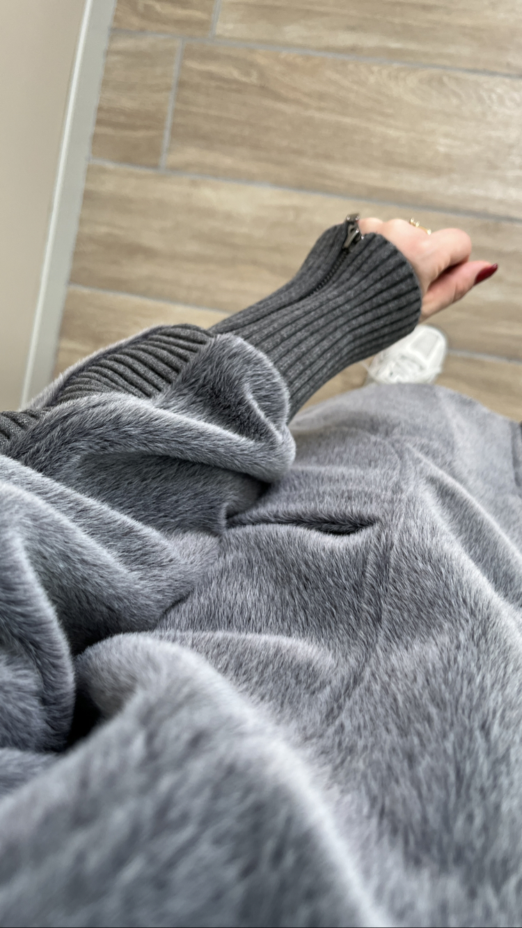 Fermuarlı Angora Kaban Gri Renk
