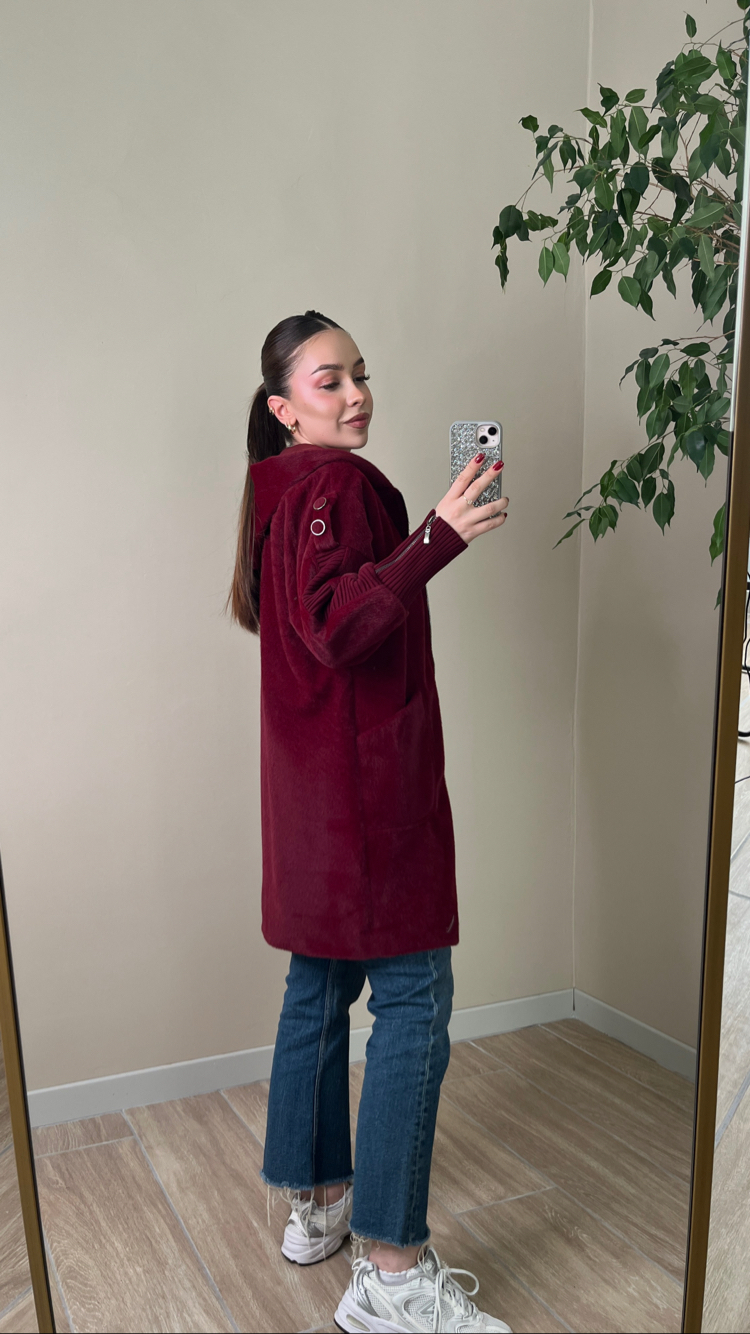 Fermuarlı Angora Kaban Bordo Renk