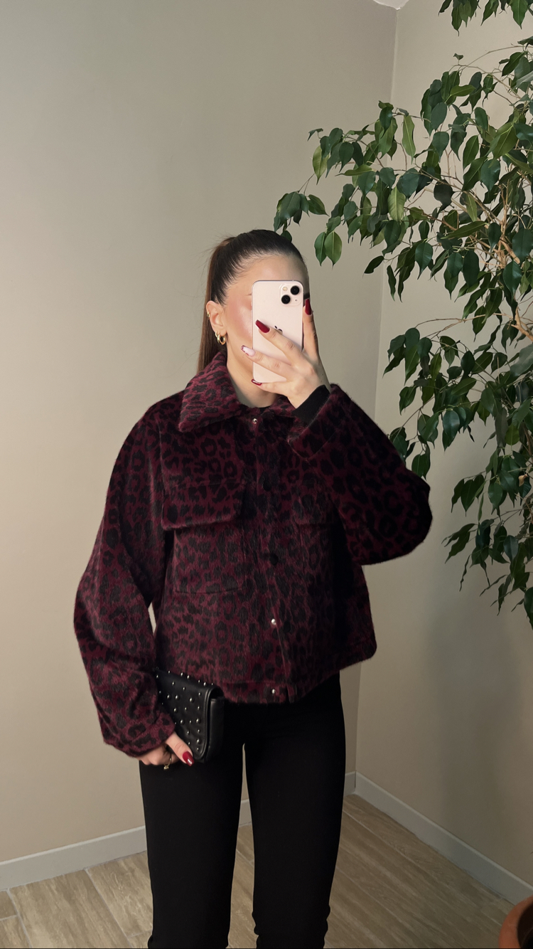 Bordo Leopar Angora Ceket