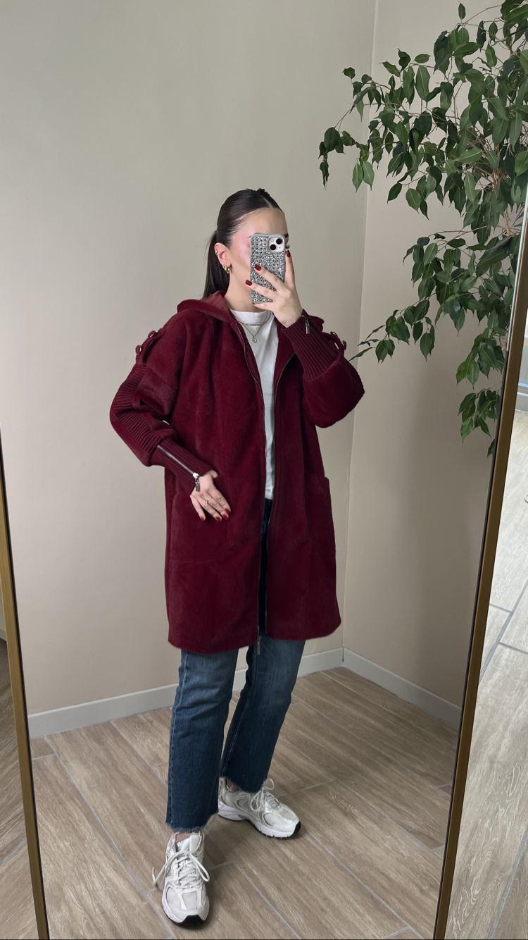 Fermuarlı Angora Kaban Bordo Renk
