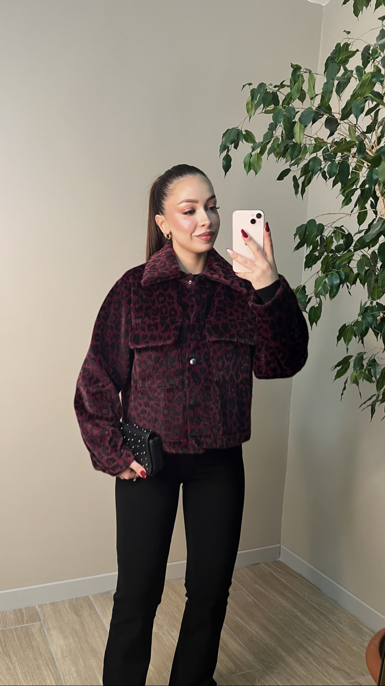 Bordo Leopar Angora Ceket