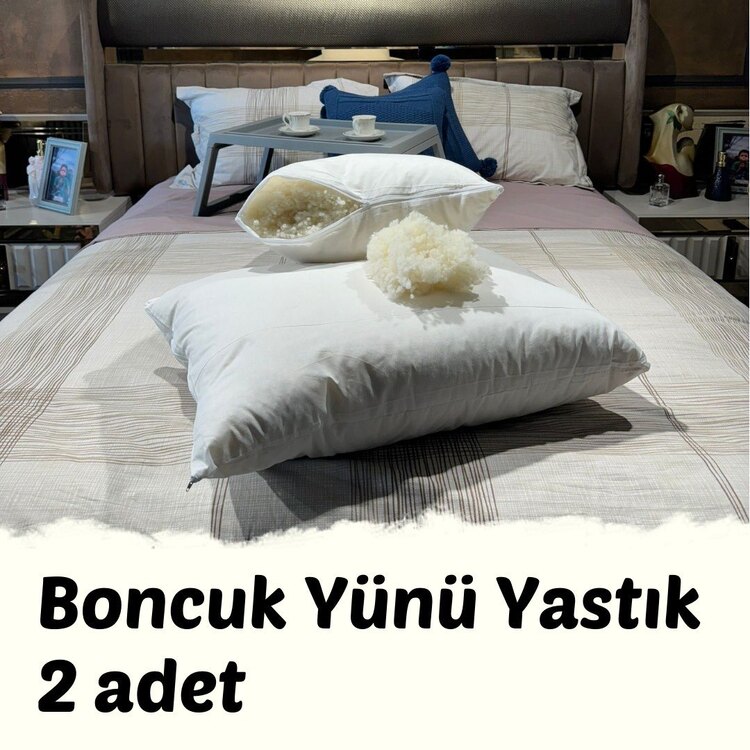 2 ADET Doğal Boncuk Kuzu Yünü Yastık 50x70 cm 2x1000 gr Merinos Kuzu Yünü