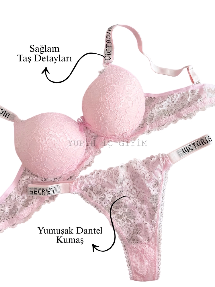 Victoria’s Secret Toz Pembe Taşlı Dantelli Sütyen Takım