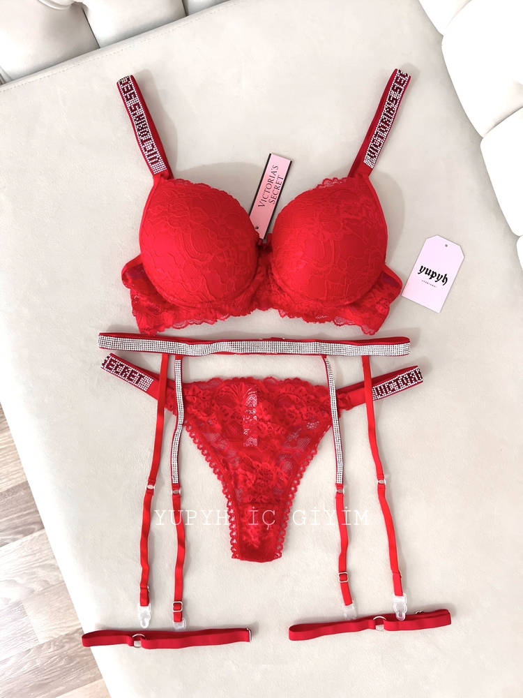 Victoria’s Secret Kırmızı Dantelli Very Sexy Shine Jartiyer Takım