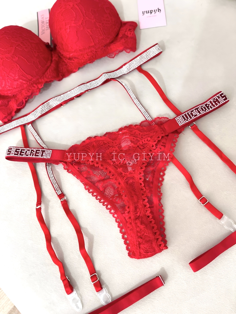 Victoria’s Secret Kırmızı Dantelli Very Sexy Shine Jartiyer Takım