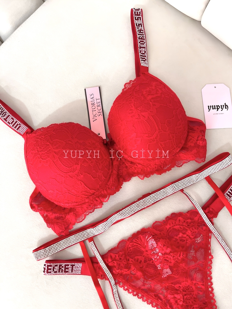 Victoria’s Secret Kırmızı Dantelli Very Sexy Shine Jartiyer Takım