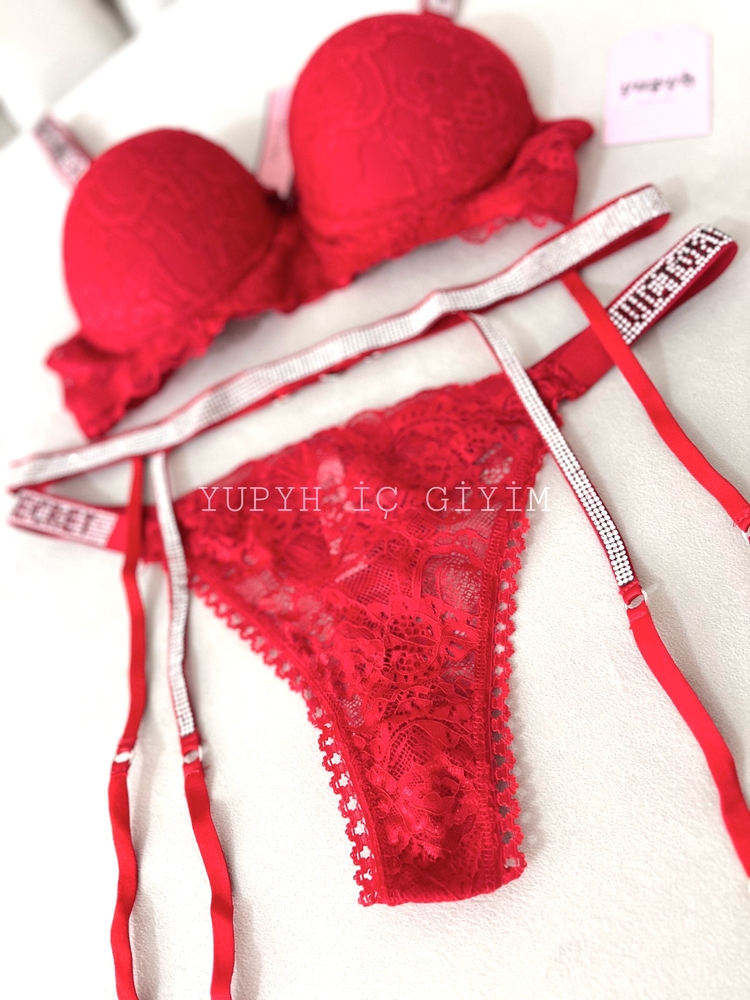 Victoria’s Secret Kırmızı Dantelli Very Sexy Shine Jartiyer Takım
