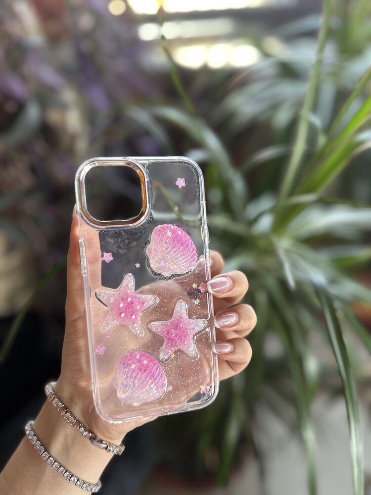 A Pink 3D Denizyıldızı ve Midye Glitter Tam Kaplama Telefon Kılıfı, (Iphone 15)