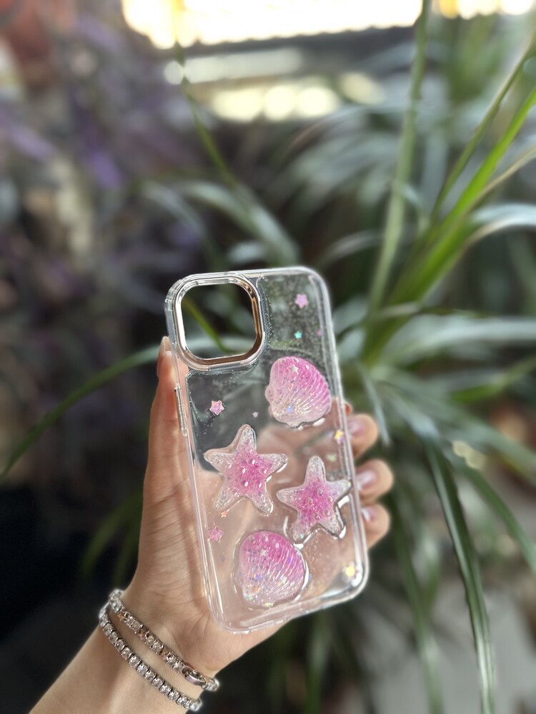 A Pink 3D Denizyıldızı ve Midye Glitter Tam Kaplama Telefon Kılıfı, (Iphone 15)