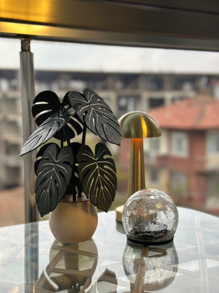 Monstera Yaprağı Tasarımlı 6'lı Dekoratif Nihale Seti ve Saksı Standı