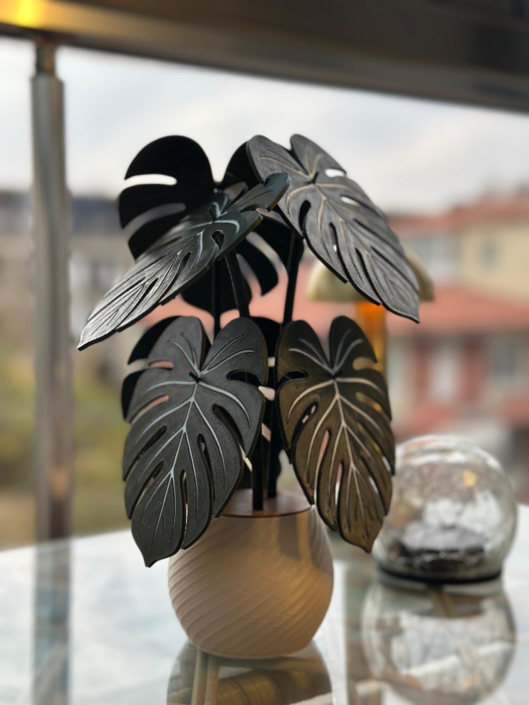 Monstera Yaprağı Tasarımlı 6'lı Dekoratif Nihale Seti ve Saksı Standı