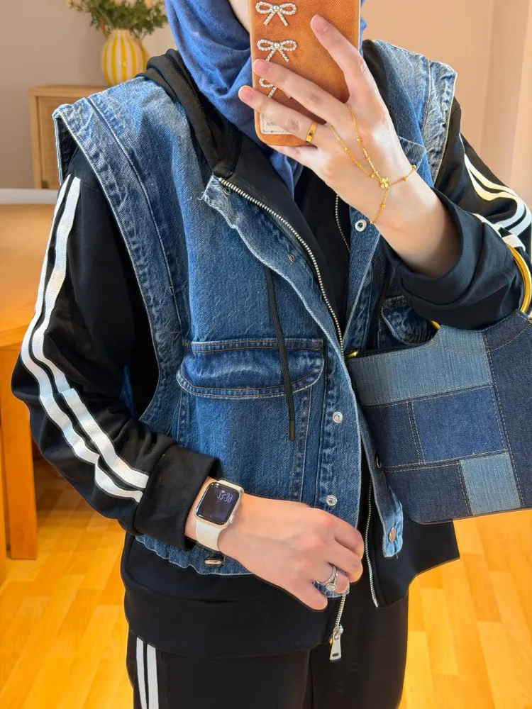 Denim Detaylı Garnili Takım