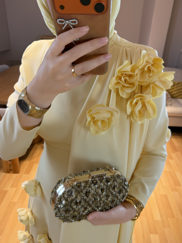 Alina Sarı Güllü Elbise