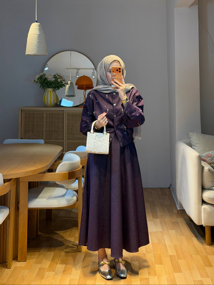 Taş Detaylı Mürdüm Takım