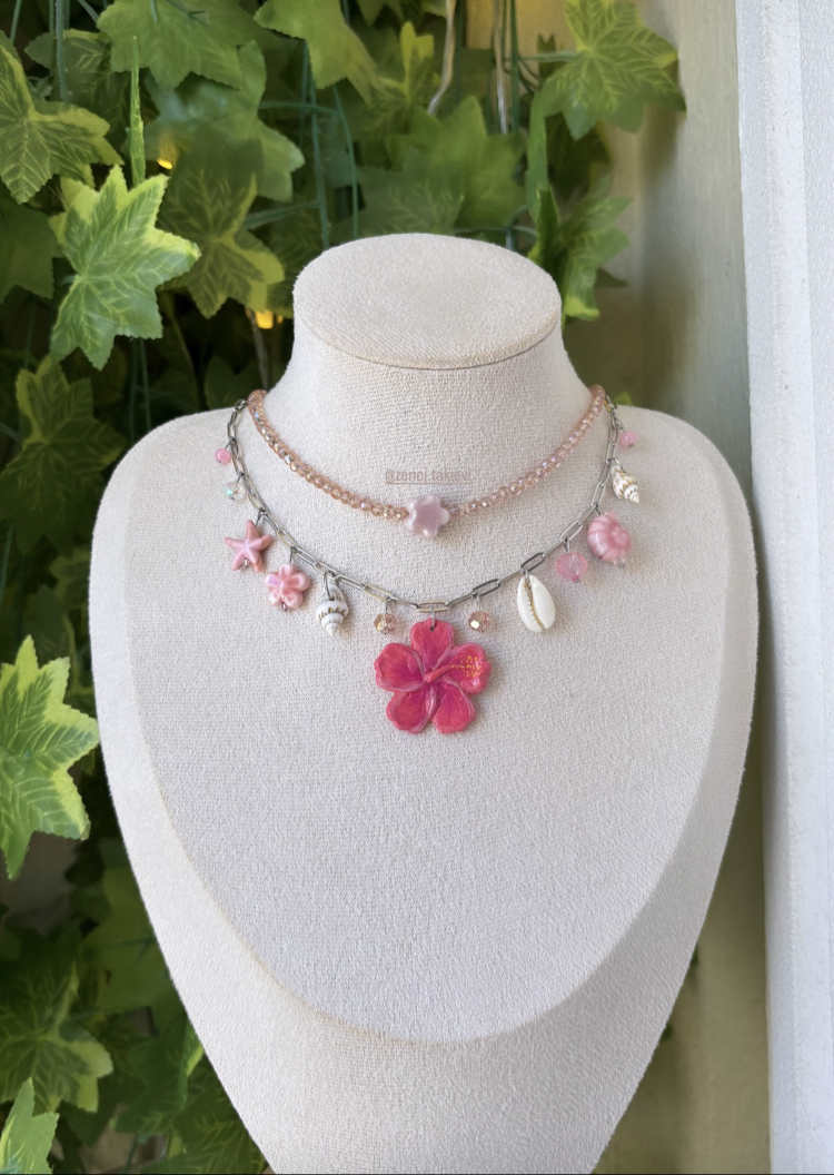 Pembe Hibiskus Choker Kolye