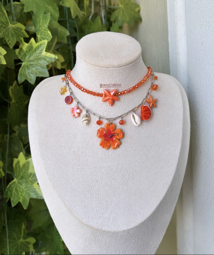 Turuncu Hibiskus Choker Kolye