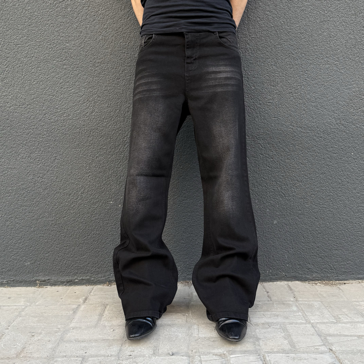 Bootcut Faded Black Flared Denim Pants with Whiskering • 