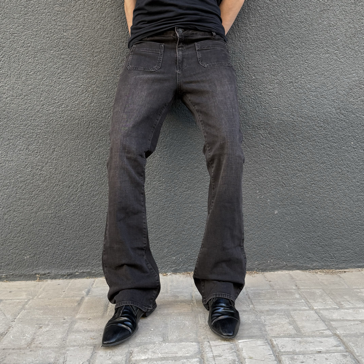Bootcut Front Patch Pocket Flare Jeans Faded Black •