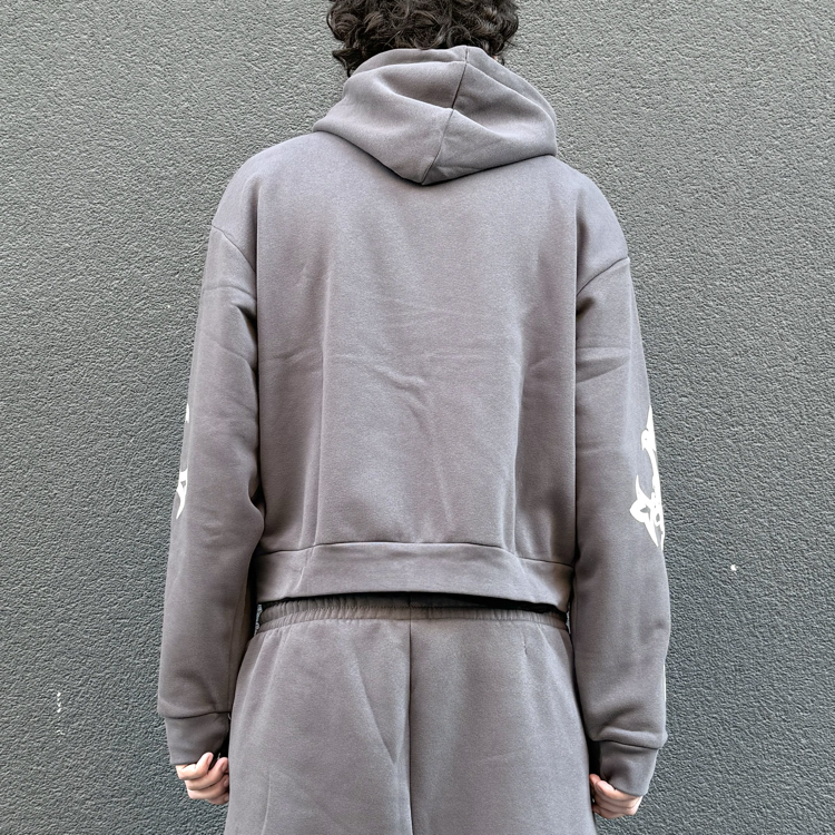 Crop Cross Sleeve Zip-Up Hoodie Charcoal •