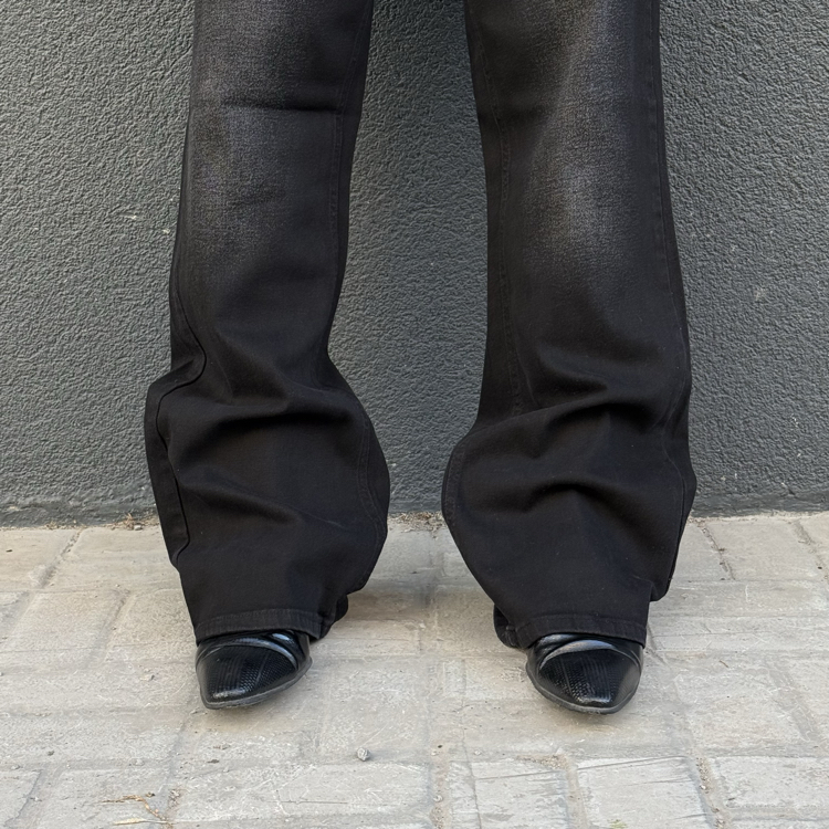 Bootcut Faded Black Flared Denim Pants with Whiskering • 