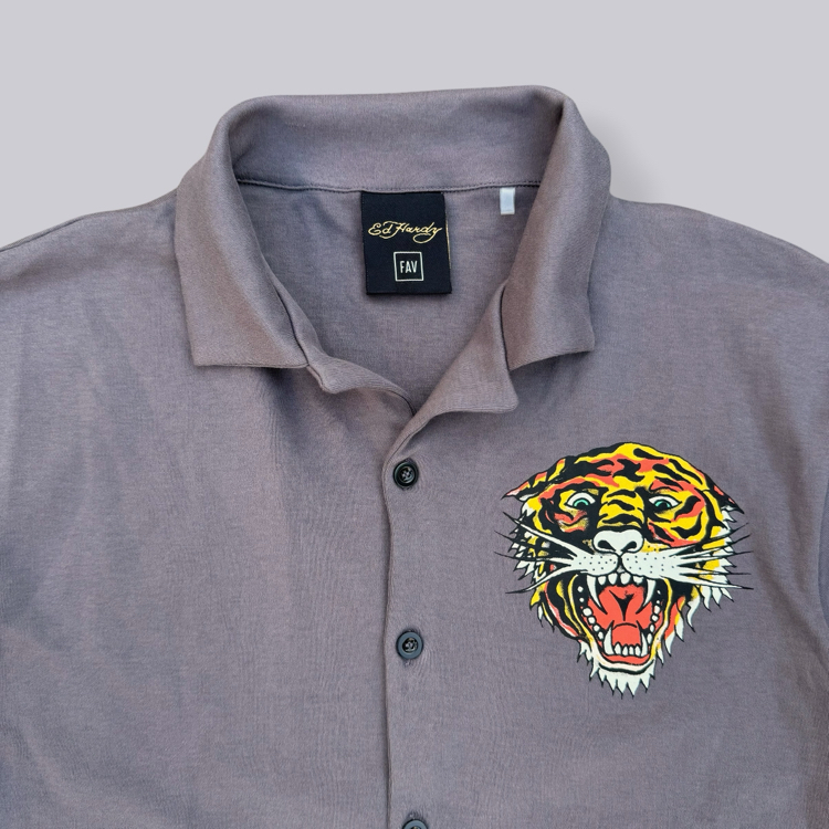 Ed Hardy Tiger Graphic Camp Collar Shirt
