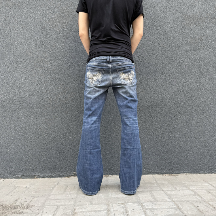 Bootcut Wing Design Flared Jeans Vintage Wash •