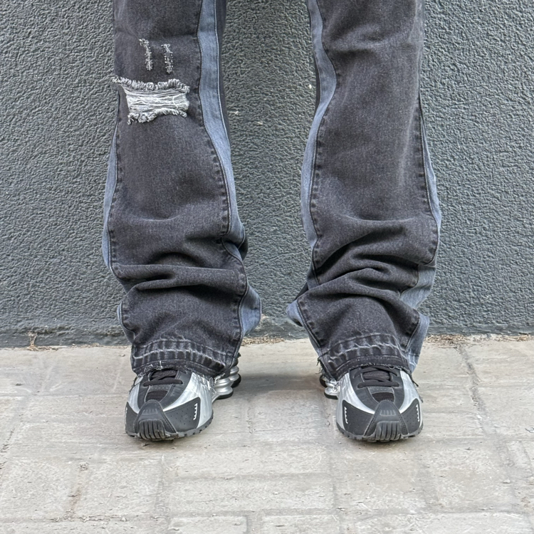Bootcut Distressed Detail Two-Tone Black Denim