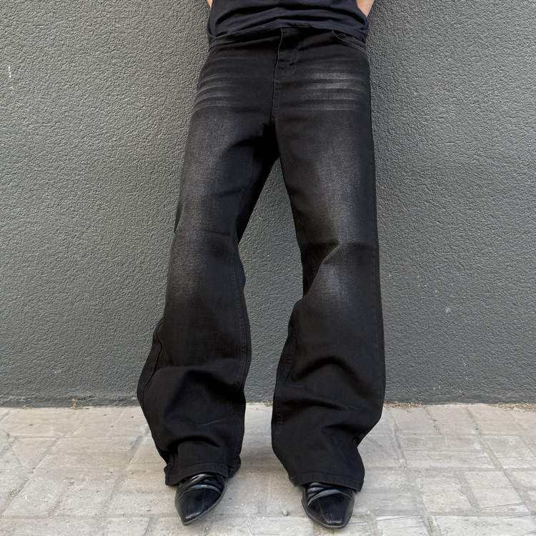 Bootcut Faded Black Flared Denim Pants with Whiskering • 