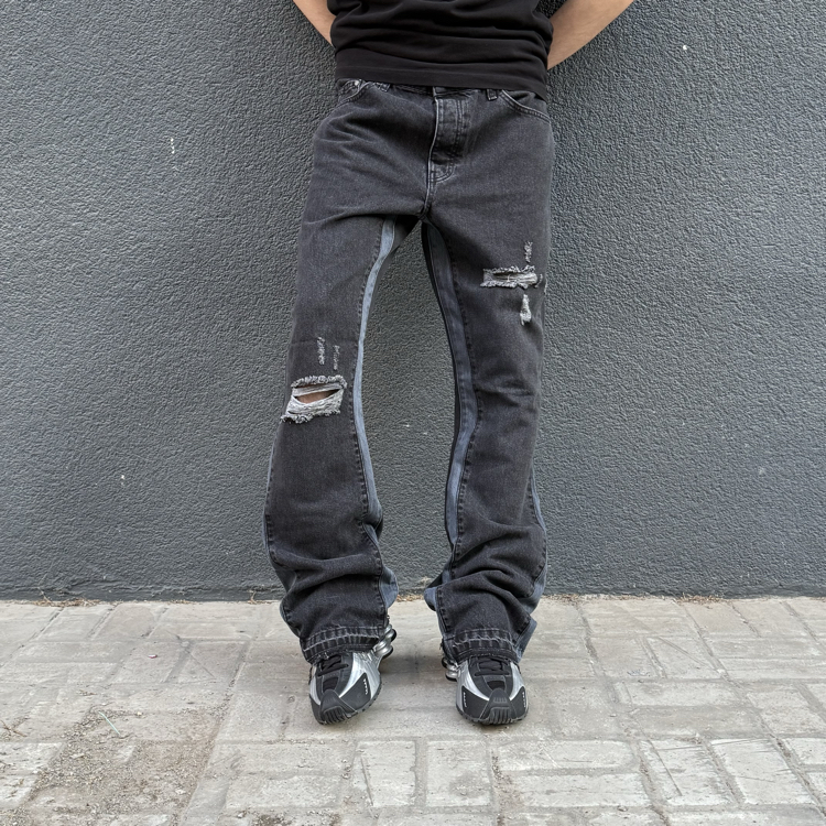Bootcut Distressed Detail Two-Tone Black Denim